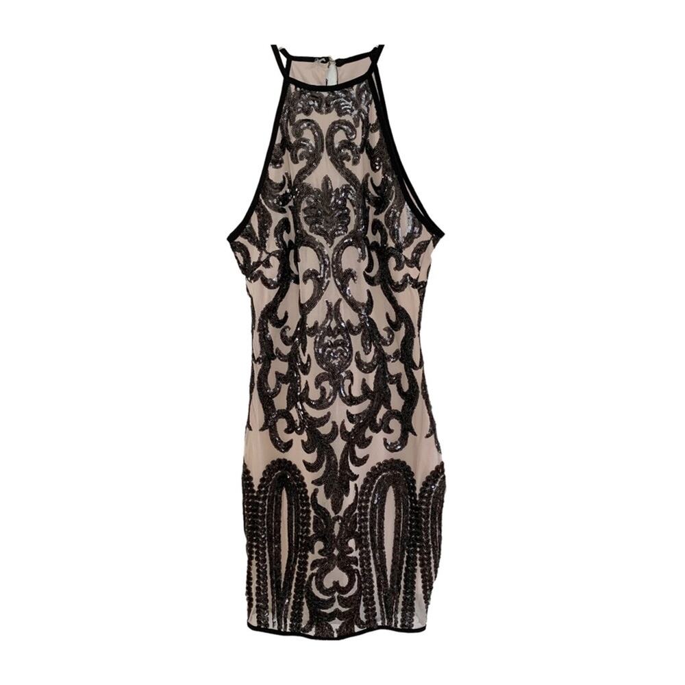 Privy Nude Illusion Black Sequin Bodycon Halter Style Dress Small